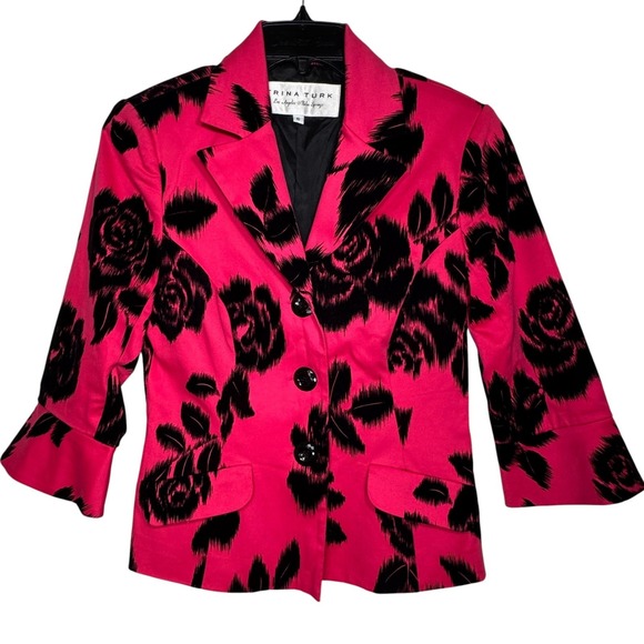 Trina Turk Pink Black Floral Blazer Womens 6 Bell Sleeve Button Career Cocktails - Picture 11 of 12